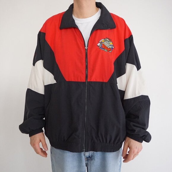 Vintage '80s What's Up Red Black Jackalopes Nylon Cotton Lined Sporty Jacket XL - Picture 2 of 11